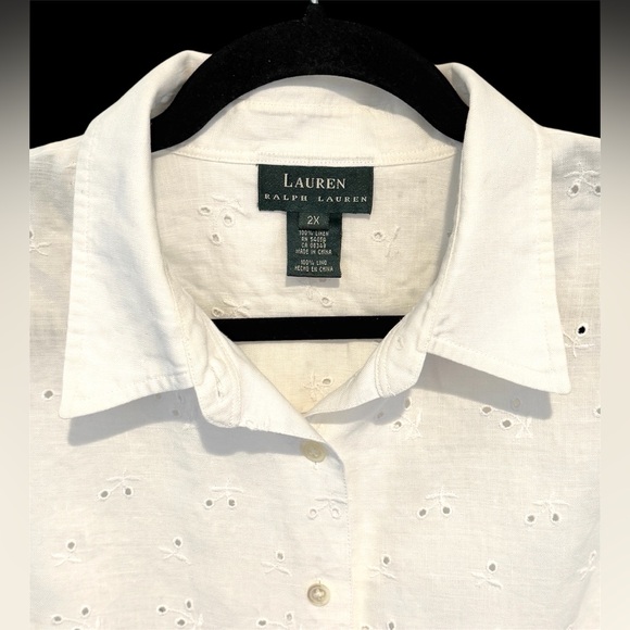Lauren Ralph Lauren 100% Linen White Eyelet Top Shirt Scalloped Womens Plus 2X - Picture 3 of 12